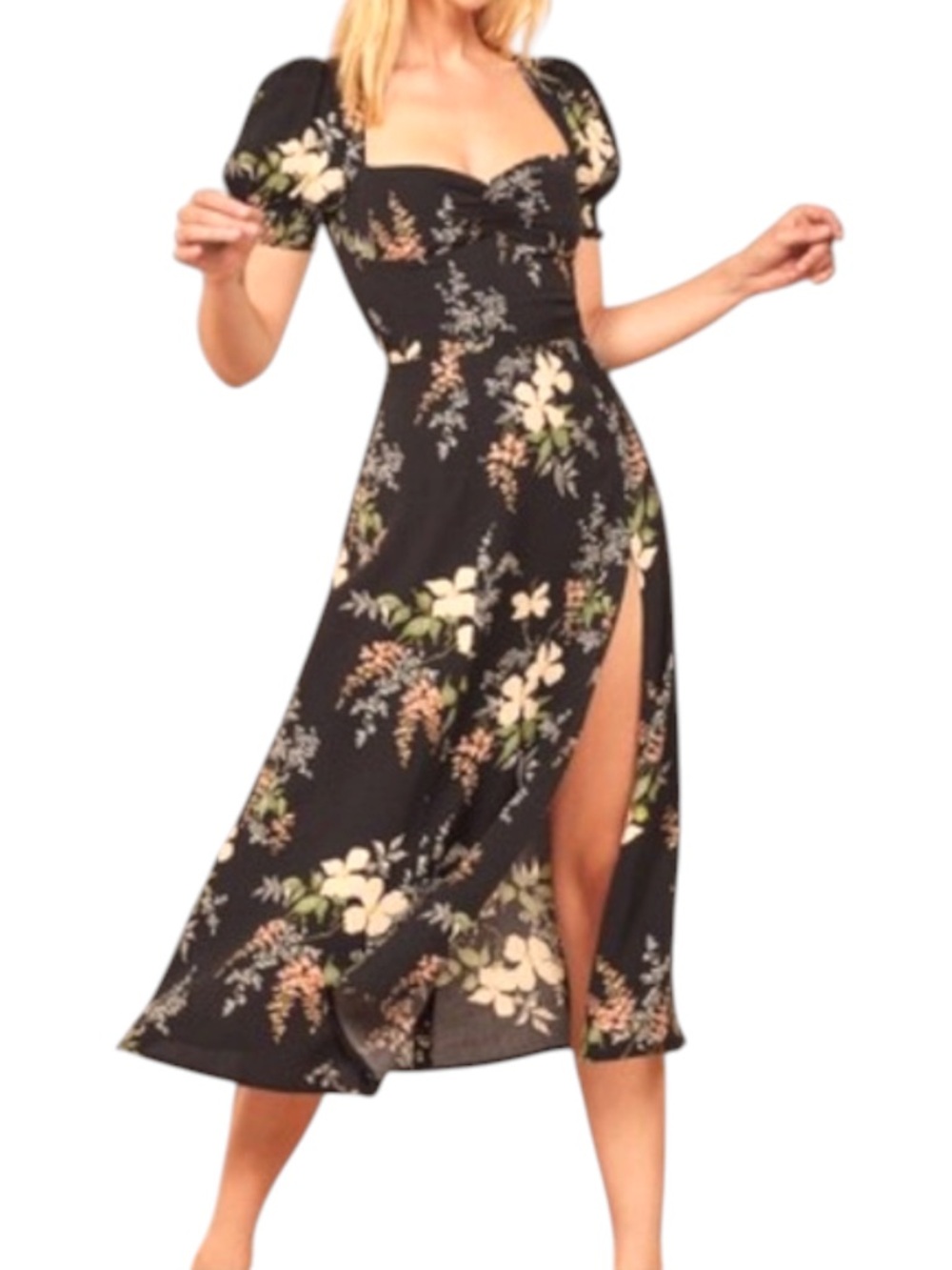 Reformation NWOT Lacey Isabella Midi Dress | Black Floral Puff Sleeve | Size 4